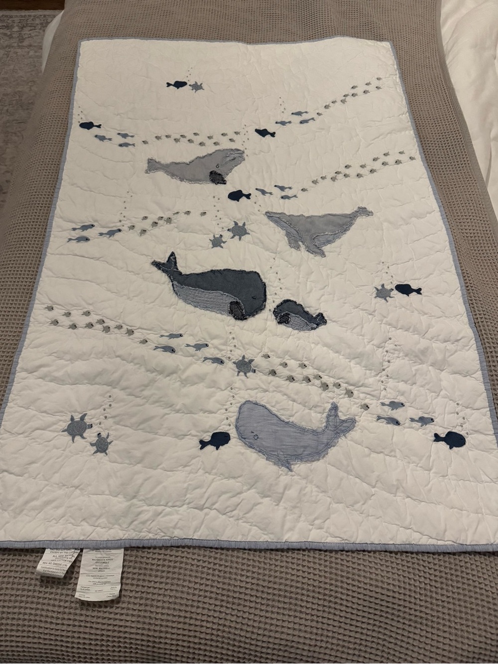 Pottery Barn Kids Whale Appliqué Quilt - Navy, Light Gray, White